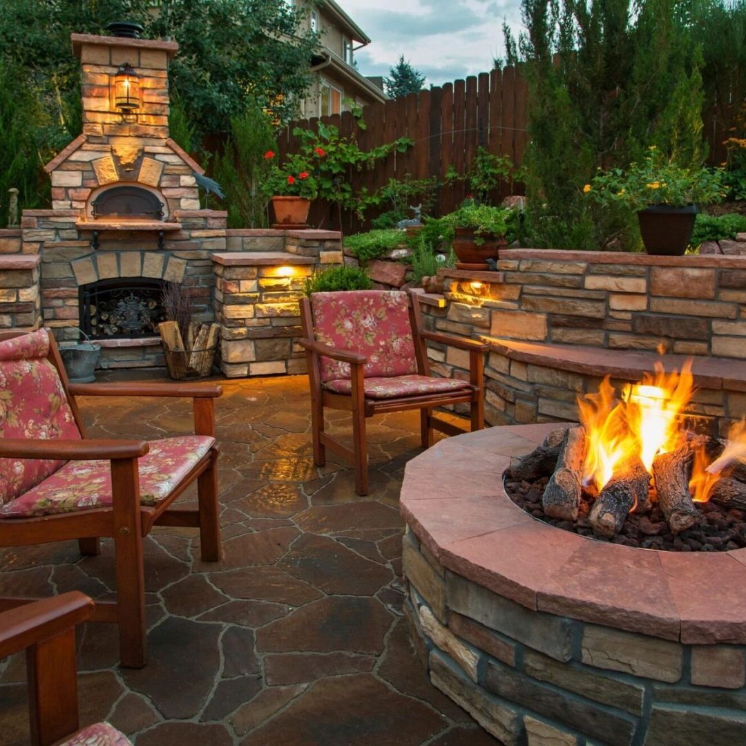 Beautiful patio with stone fire pit.